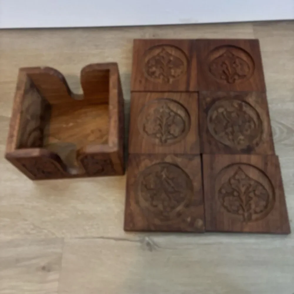 Vintage Hand Carved Wood Coaster Set Caddy Floral Leaf Indian Wooden Drink Mat